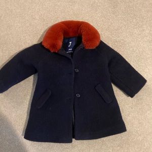 Jacadi Wool Jacket - navy blue with orange/red fur, size 3/4